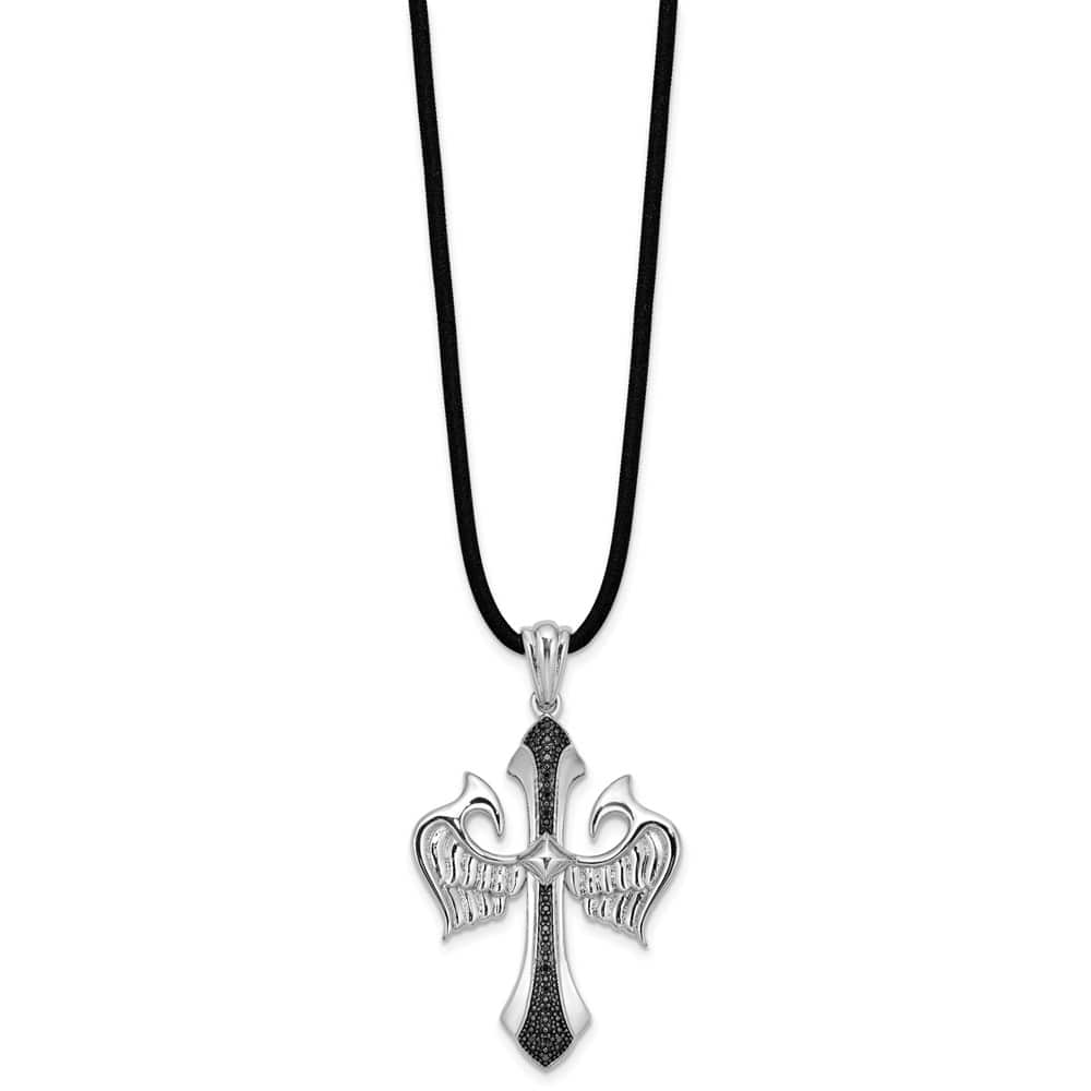 Sterling Silver Black Diamond Cross Wings Rubber Cord 18 inch Necklace