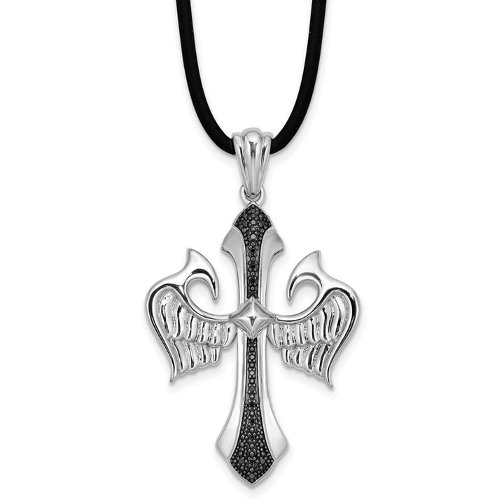 Sterling Silver Black Diamond Cross Wings Rubber Cord 18 inch Necklace