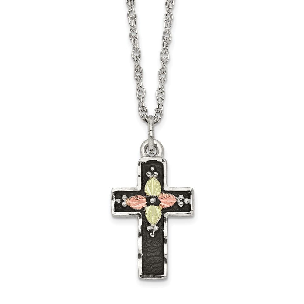 Sterling Silver Black Hills Gold Antiqued Cross 18 inch Necklace
