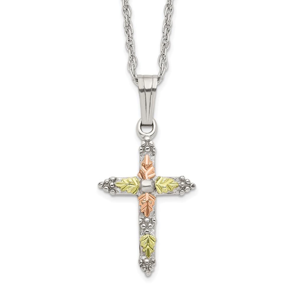 Sterling Silver Black Hills Gold Cross 27x13 mm 18 inch Necklace
