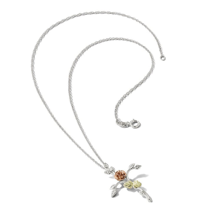 Sterling Silver Black Hills Gold Floral Cross 18 inch Necklace