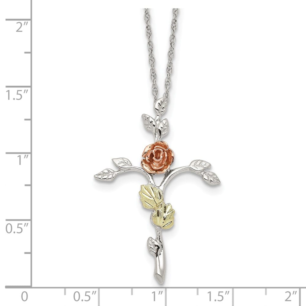 Sterling Silver Black Hills Gold Floral Cross 18 inch Necklace
