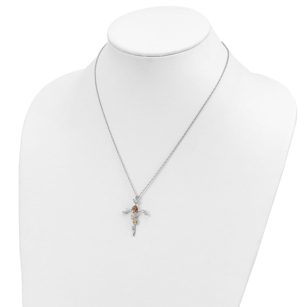 Sterling Silver Black Hills Gold Floral Cross 18 inch Necklace