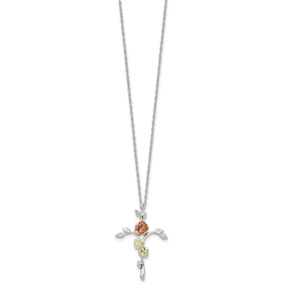 Sterling Silver Black Hills Gold Floral Cross 18 inch Necklace
