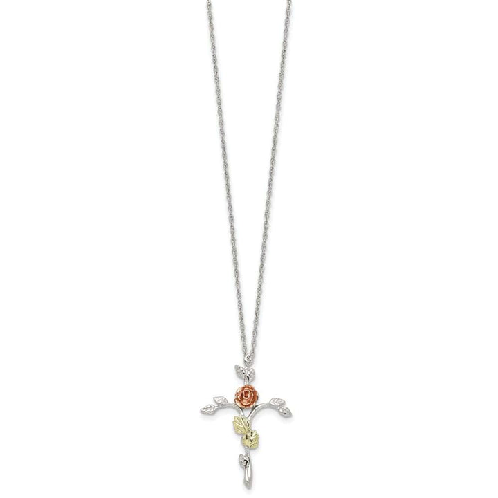 Sterling Silver Black Hills Gold Floral Cross 18 inch Necklace