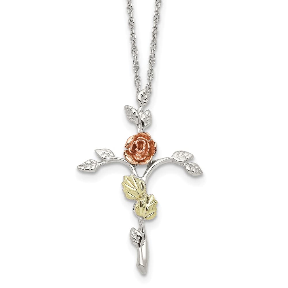 Sterling Silver Black Hills Gold Floral Cross 18 inch Necklace