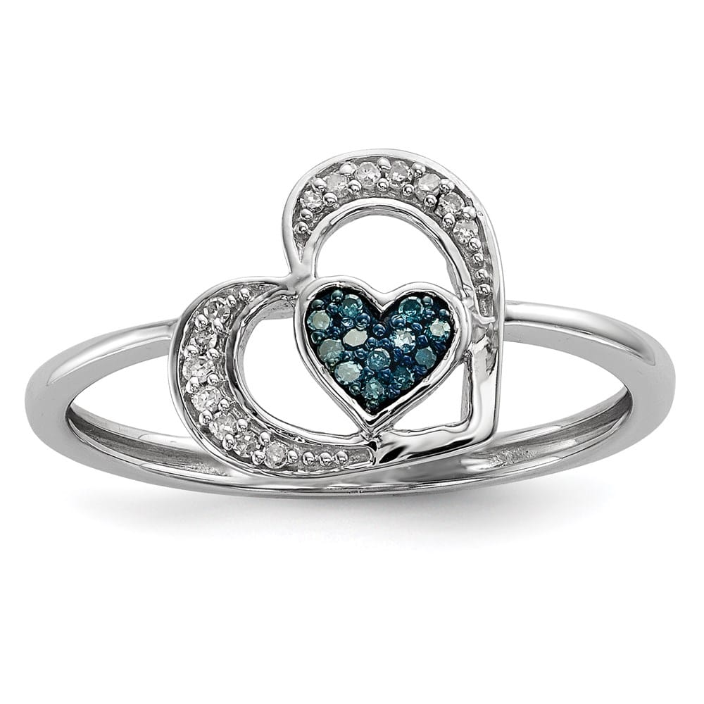 Sterling Silver Blue and White Diamond Heart Ring Stock Size 7 Ring Are Refundable