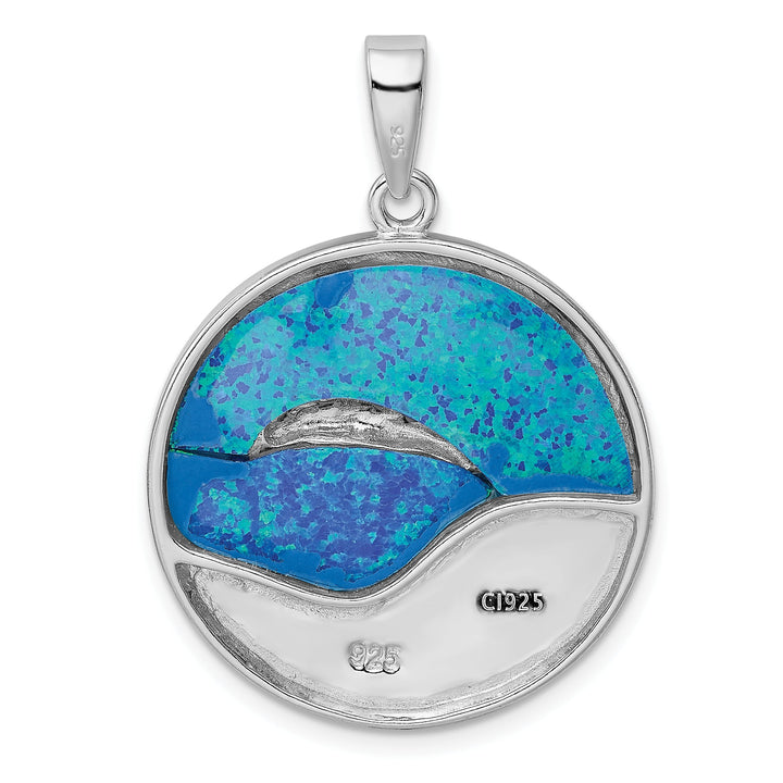 Sterling Silver Blue Created Opal Dolphins Pendant