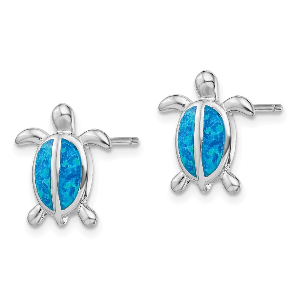 Sterling Silver Blue Created Opal Turtle Post Earrings, view 2 of 4