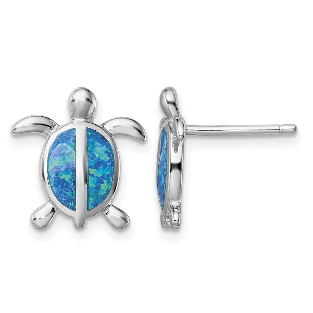 Sterling Silver Blue Created Opal Turtle Post Earrings, view 1 of 4