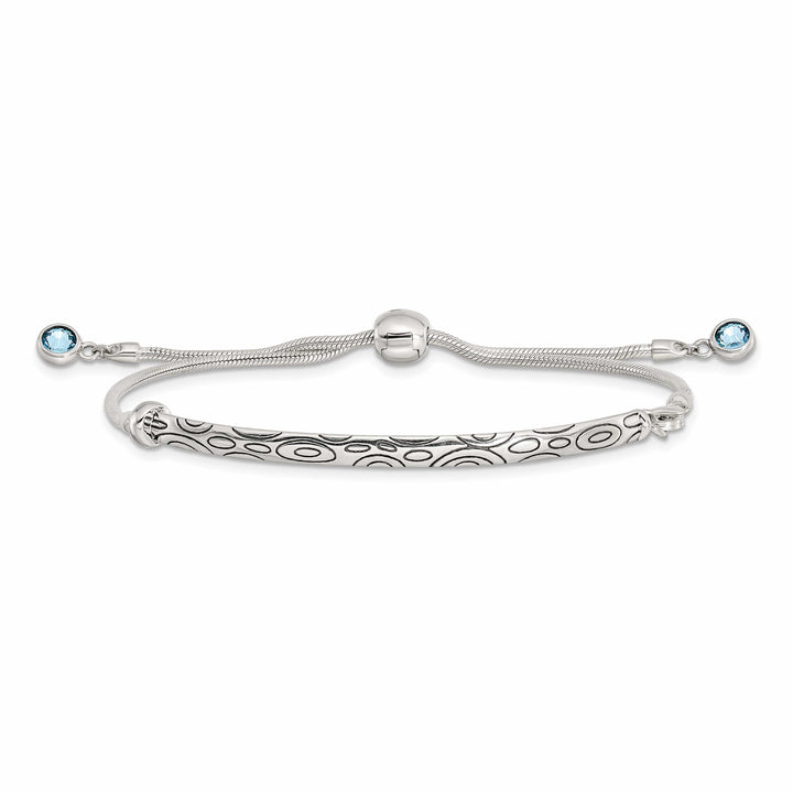Sterling Silver Blue Crystal Round Bezel Adjustable Bolo Bracelet