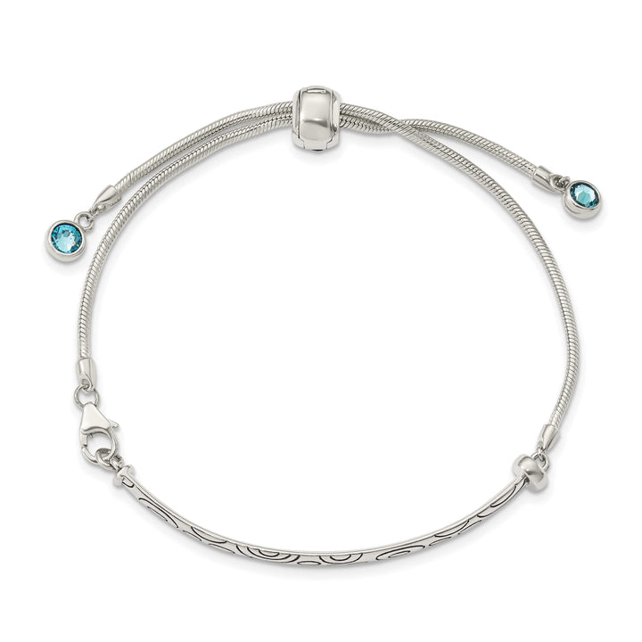 Sterling Silver Blue Crystal Round Bezel Adjustable Bolo Bracelet