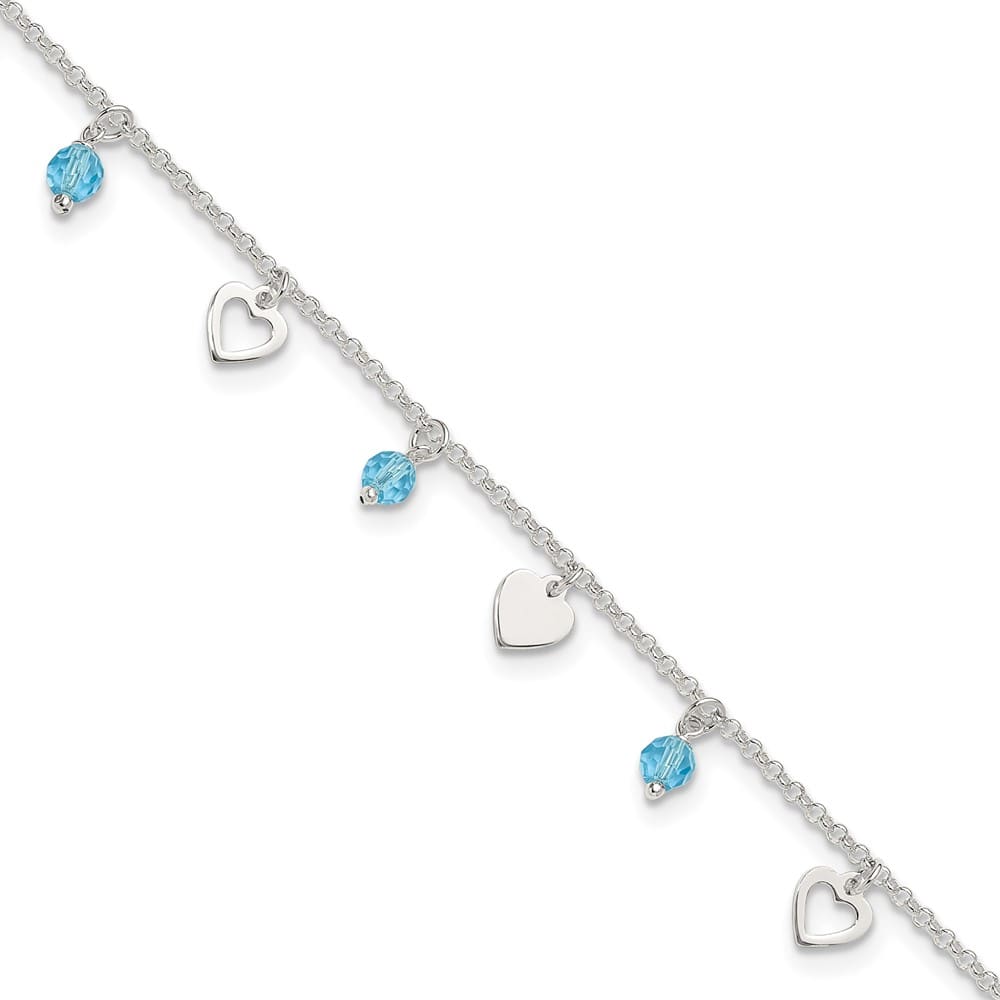Sterling Silver Blue Glass Beads and Hearts Anklet — .925 sterling silver, 10 inches long, 1 inch extension, 1.5 mm wide, lobster clasp, 3.11 g