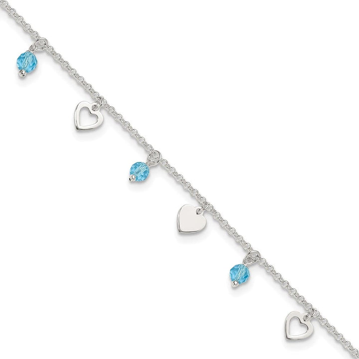 Sterling Silver Blue Glass Beads and Hearts Anklet — .925 sterling silver, 10 inches long, 1 inch extension, 1.5 mm wide, lobster clasp, 3.11 g