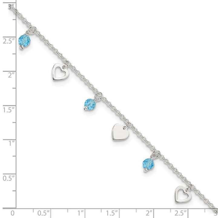 Sterling Silver Blue Glass Beads and Hearts Anklet