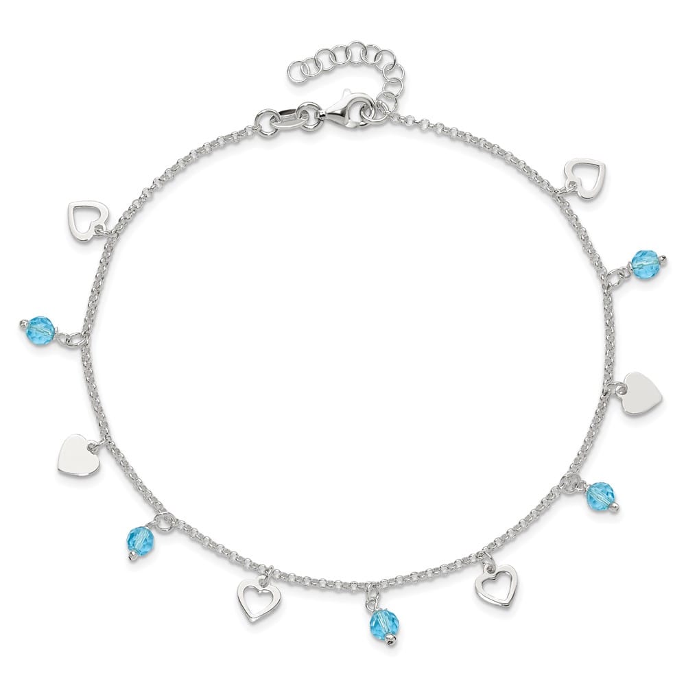 Sterling Silver Blue Glass Beads and Hearts Anklet