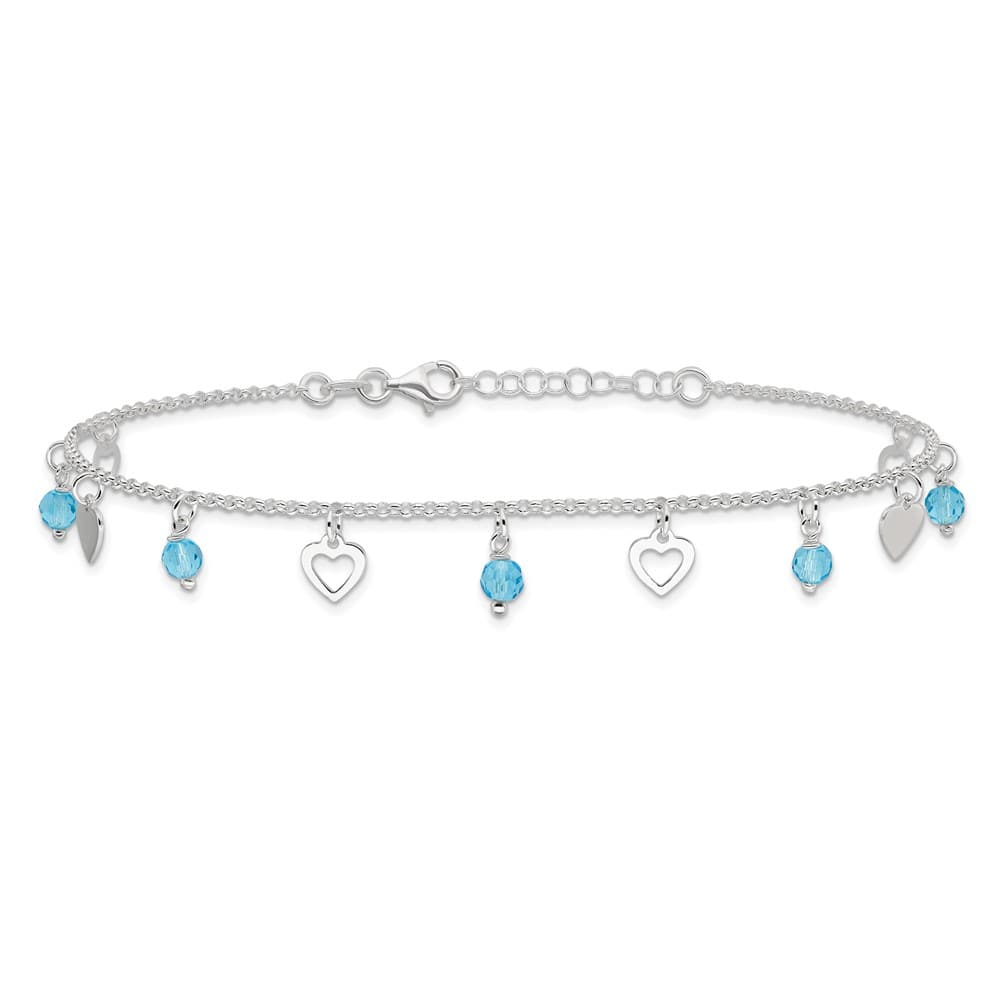 Sterling Silver Blue Glass Beads and Hearts Anklet