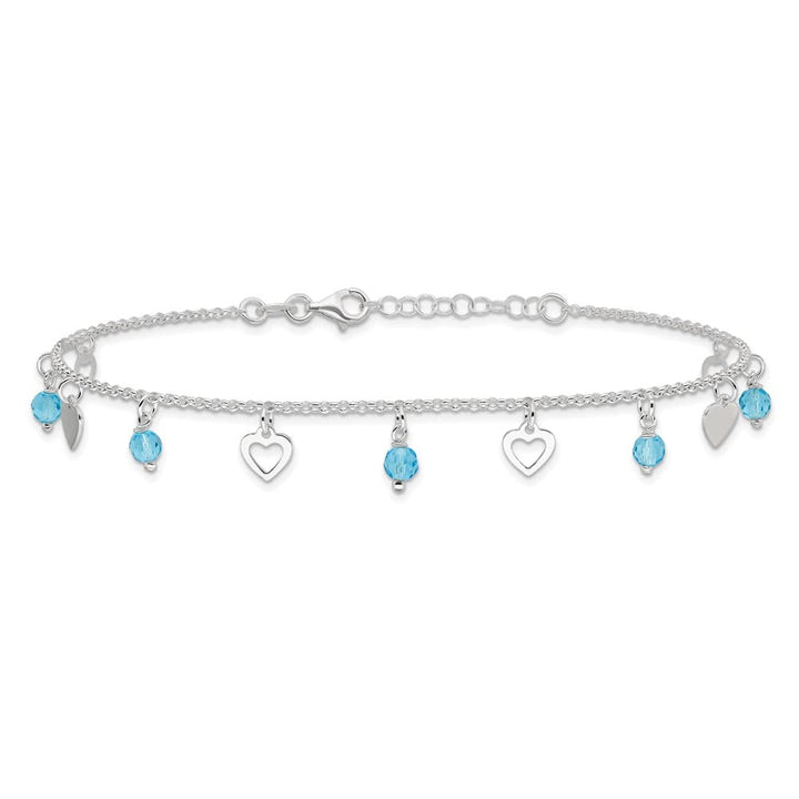 Sterling Silver Blue Glass Beads and Hearts Anklet