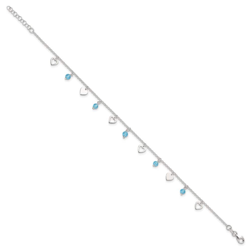 Sterling Silver Blue Glass Beads and Hearts Anklet