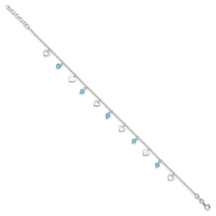 Sterling Silver Blue Glass Beads and Hearts Anklet