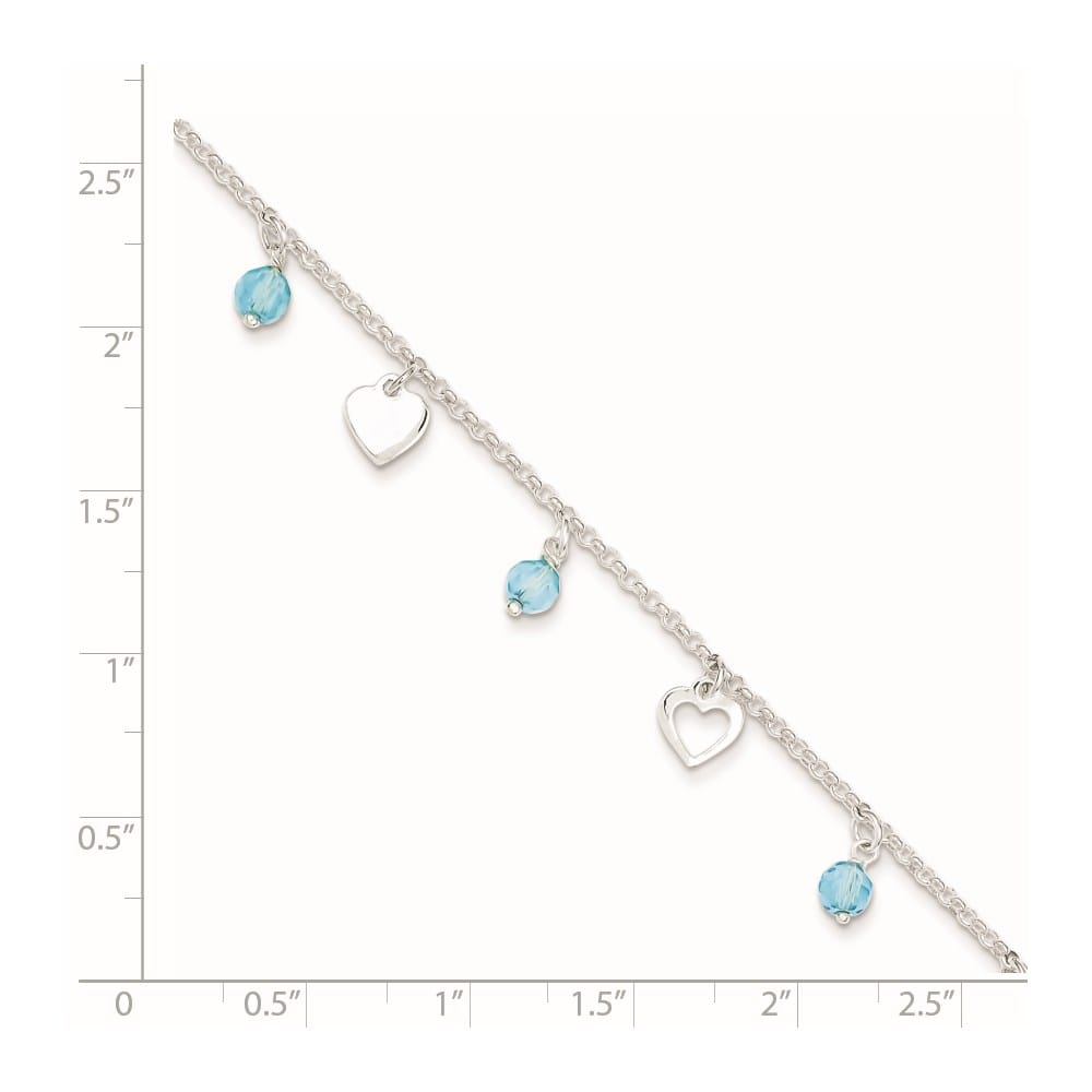 Sterling Silver Blue Glass Beads and Hearts Anklet
