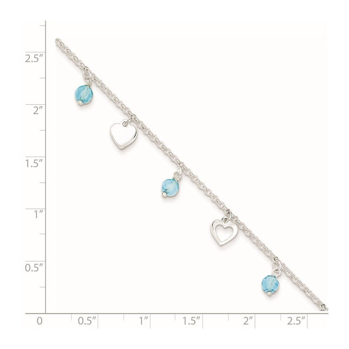 Sterling Silver Blue Glass Beads and Hearts Anklet
