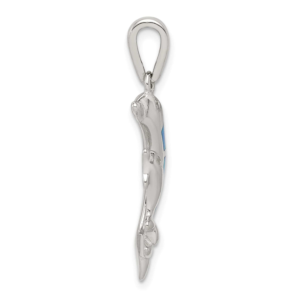 Sterling Silver Blue Inlay Created Opal Dolphin Pendant