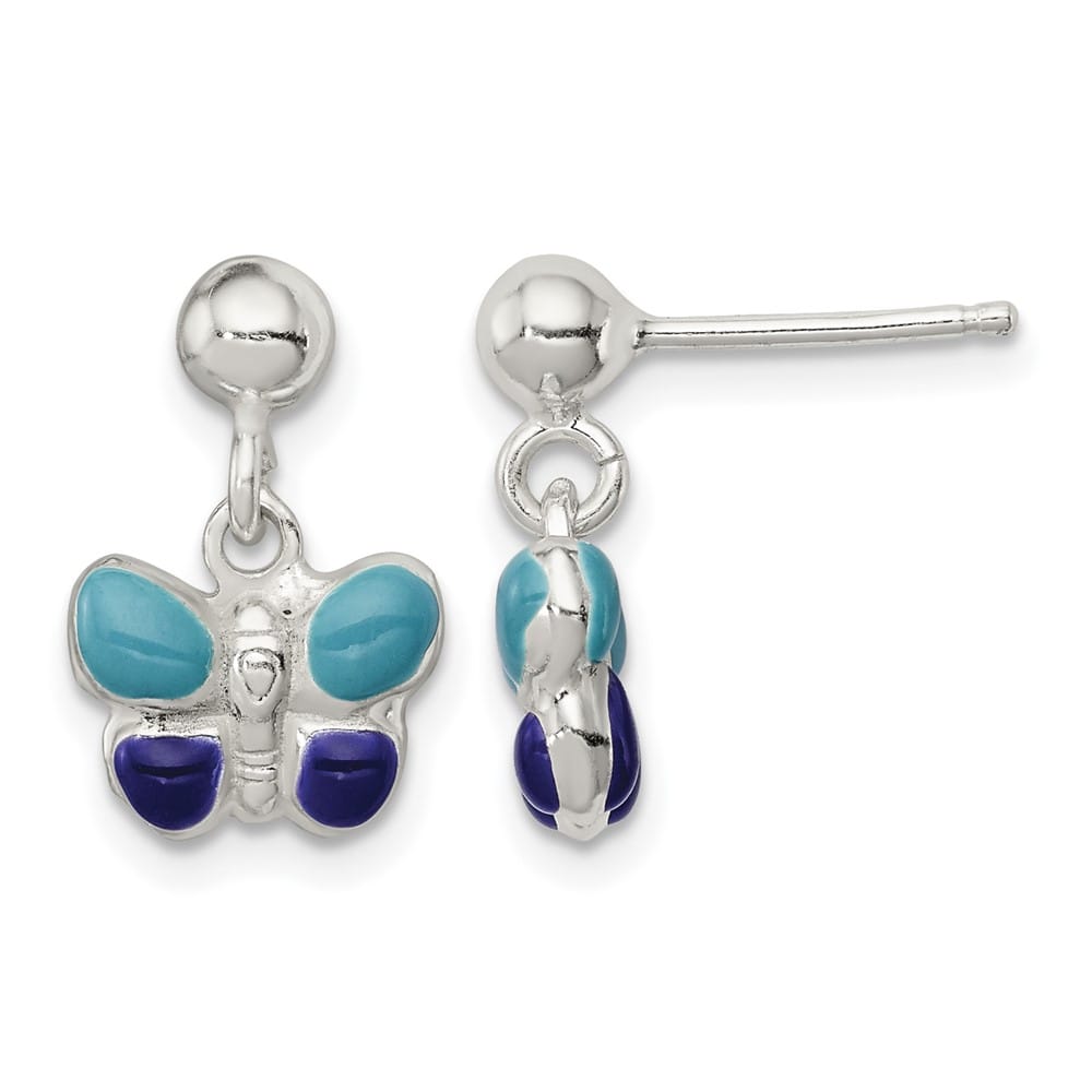 Sterling Silver Blue & Purple Enameled Butterfly Post Dangle Earrings