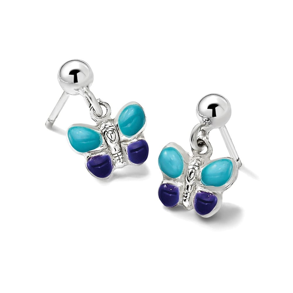 Sterling Silver Blue & Purple Enameled Butterfly Post Dangle Earrings