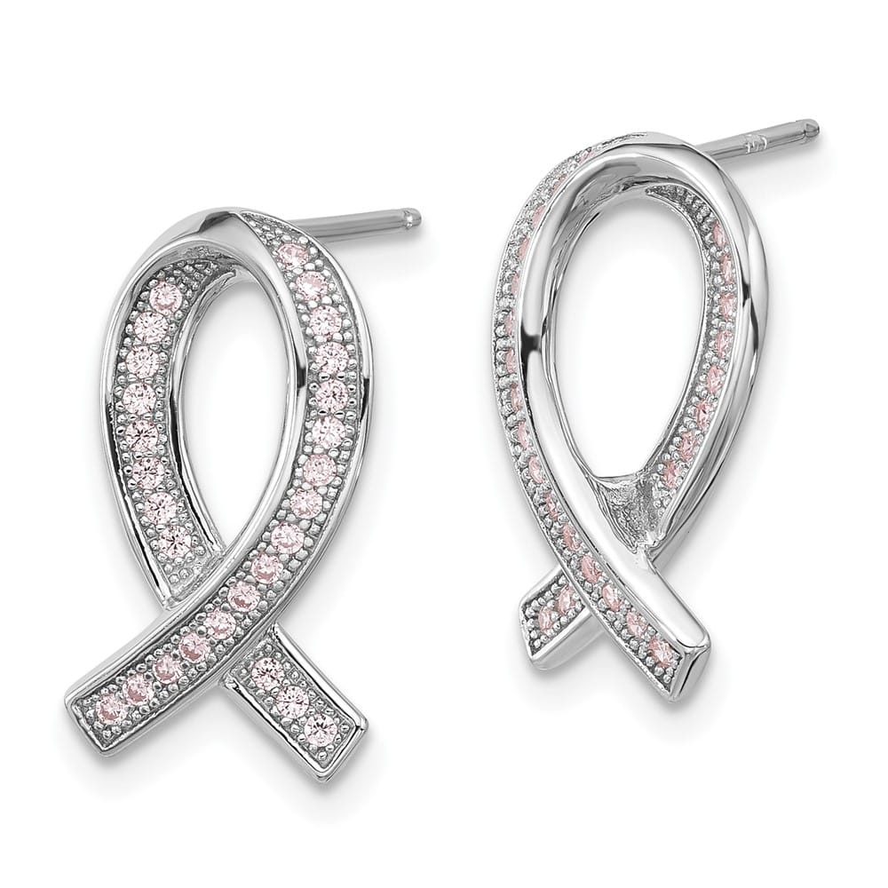 Sterling Silver Brilliant Embers 52 Pink CZ Ribbon Post Earrings, view 2 of 4