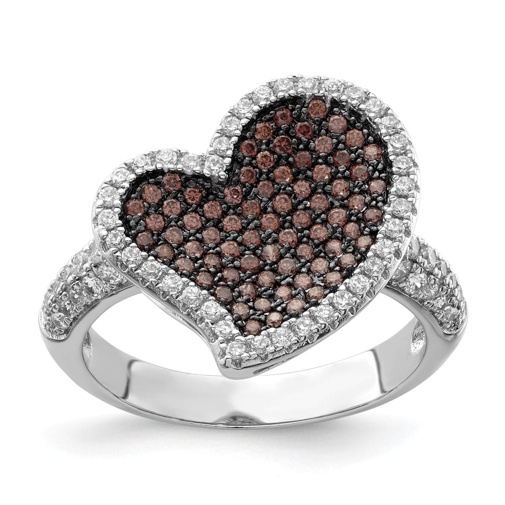 Sterling Silver Brilliant Embers Brown & Clear CZ Heart Ring