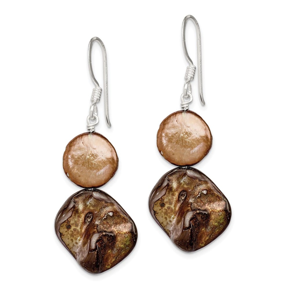Sterling Silver Brown Mother of Pearl/FWC Pearl Dangle Earrings, view 2 of 4