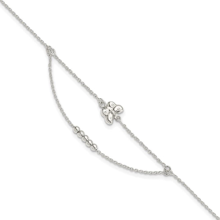 Sterling Silver Butterfly and Beads 2-Strand Anklet — .925 sterling silver, 10 inches long, 1 inch extension, 1 mm wide, spring ring clasp, 2.17 g