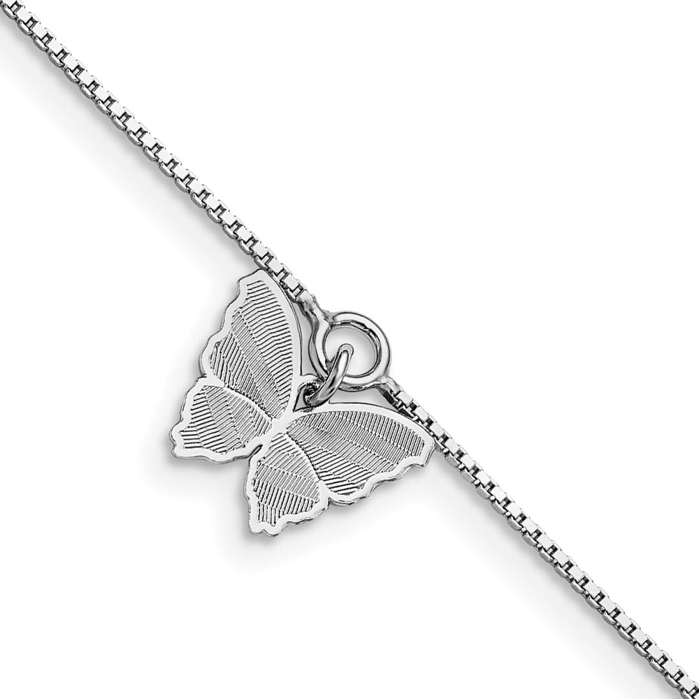 Sterling Silver Butterfly Charm Anklet — .925 sterling silver, 9 inches long, 1 inch extension, 1 mm wide, lobster clasp, 1.80 g