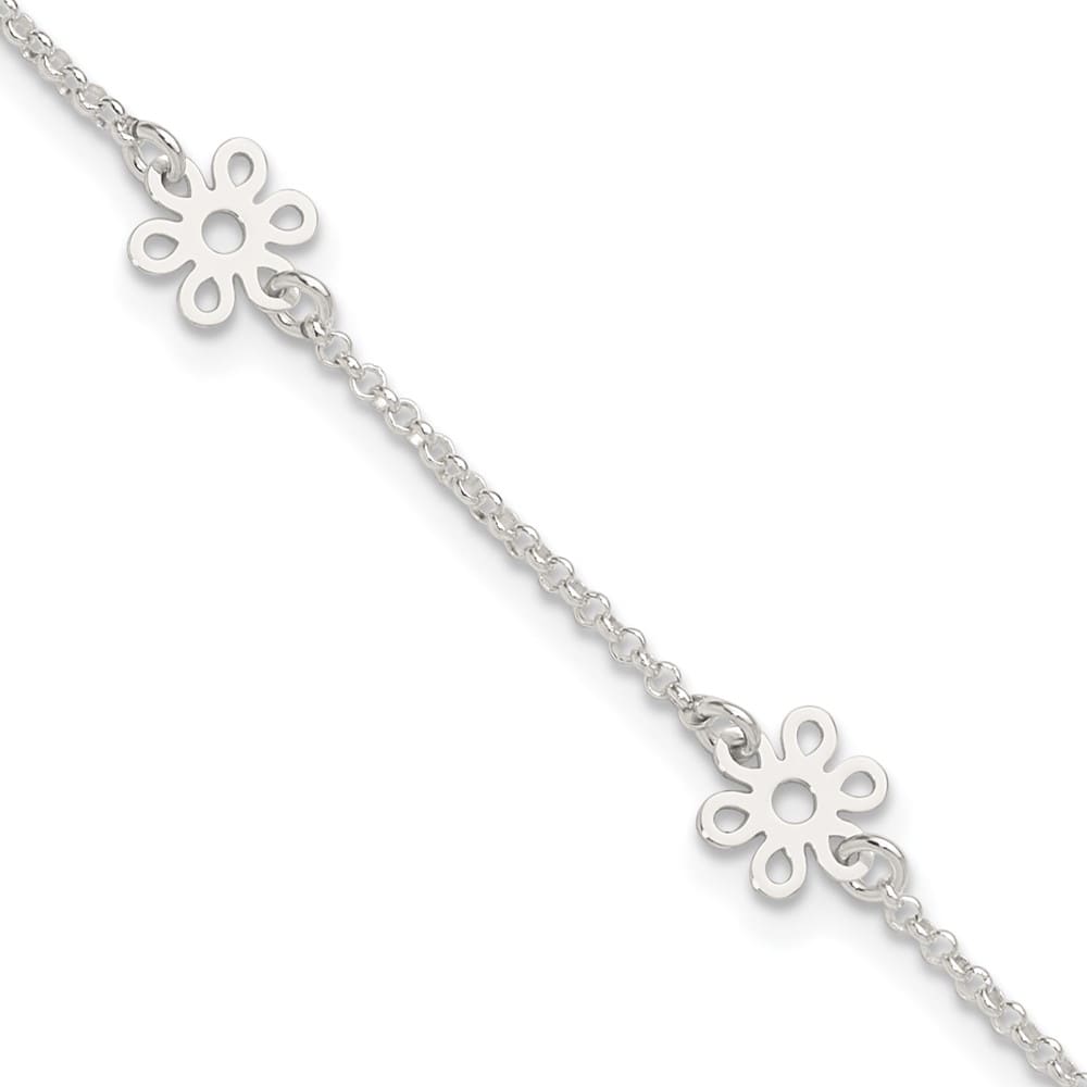 Sterling Silver Cable /Flowers 5-Station Anklet — .925 sterling silver, 10 inches long, 1 inch extension, 1.5 mm wide, lobster clasp, 2.62 g