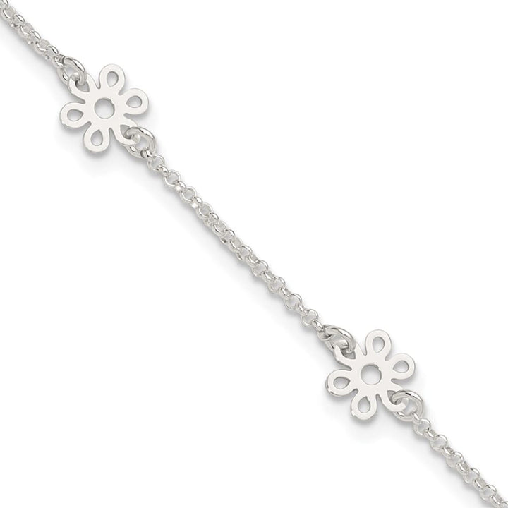 Sterling Silver Cable /Flowers 5-Station Anklet — .925 sterling silver, 10 inches long, 1 inch extension, 1.5 mm wide, lobster clasp, 2.62 g