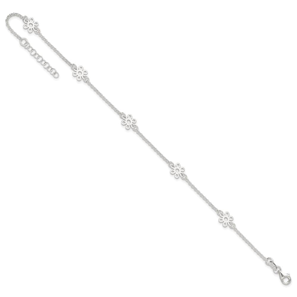 Sterling Silver Cable /Flowers 5-Station Anklet
