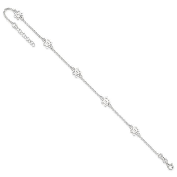 Sterling Silver Cable /Flowers 5-Station Anklet