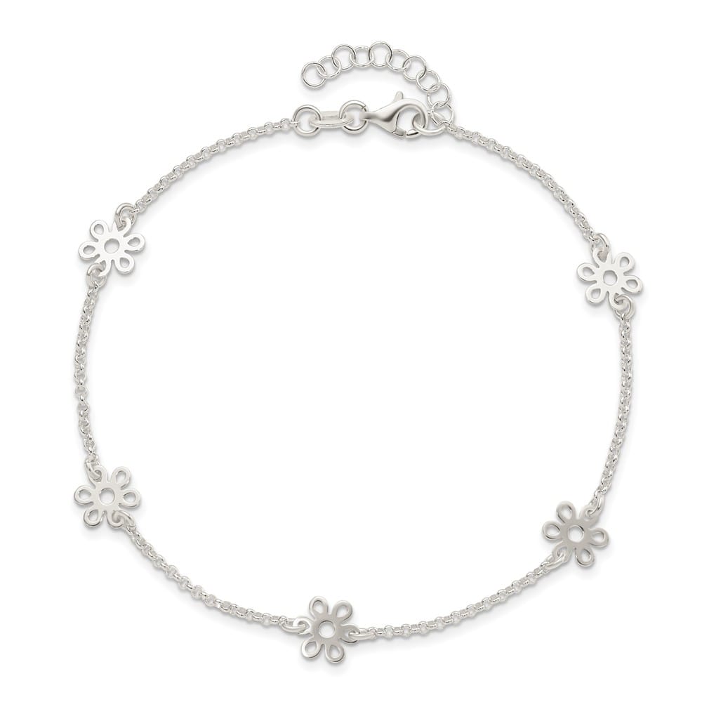 Sterling Silver Cable /Flowers 5-Station Anklet