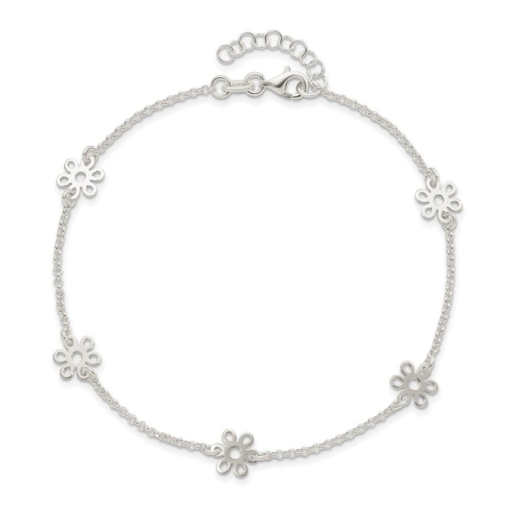 Sterling Silver Cable /Flowers 5-Station Anklet