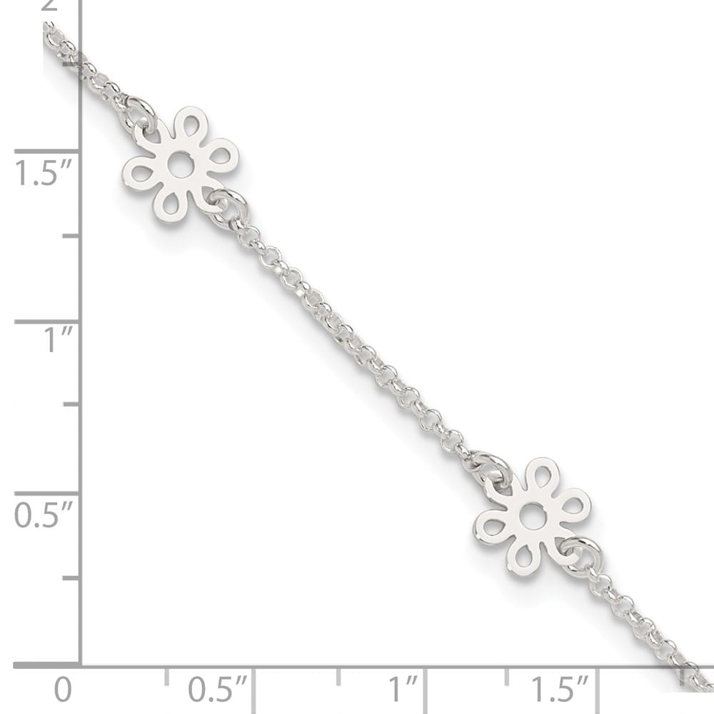 Sterling Silver Cable /Flowers 5-Station Anklet