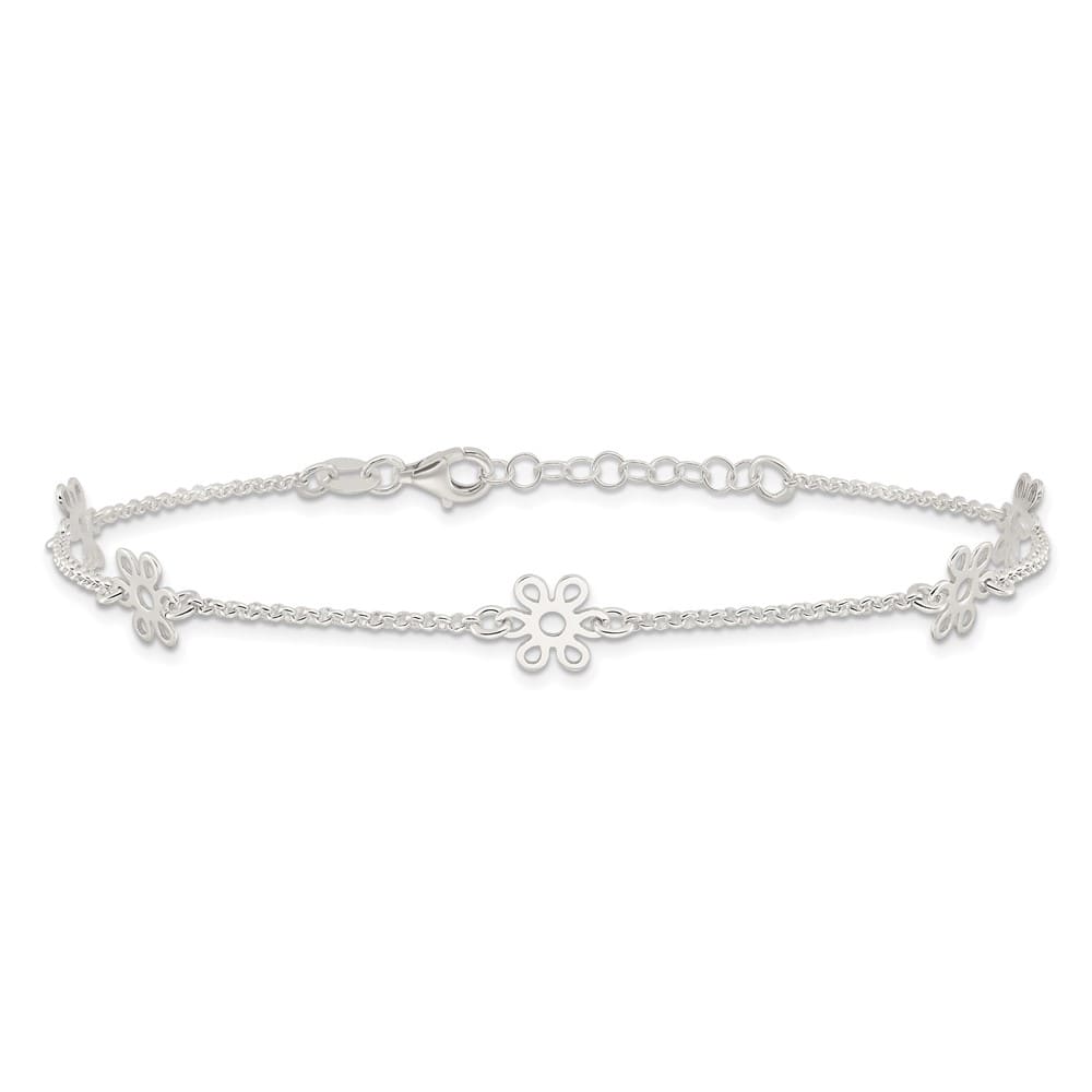 Sterling Silver Cable /Flowers 5-Station Anklet