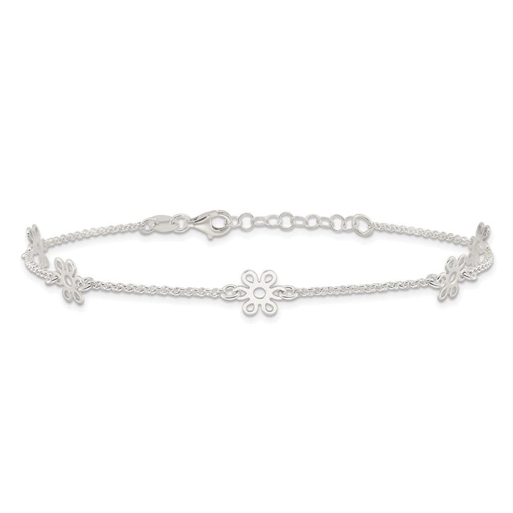 Sterling Silver Cable /Flowers 5-Station Anklet