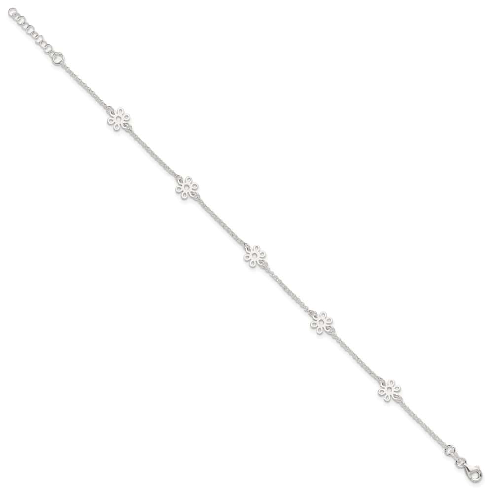 Sterling Silver Cable /Flowers 5-Station Anklet