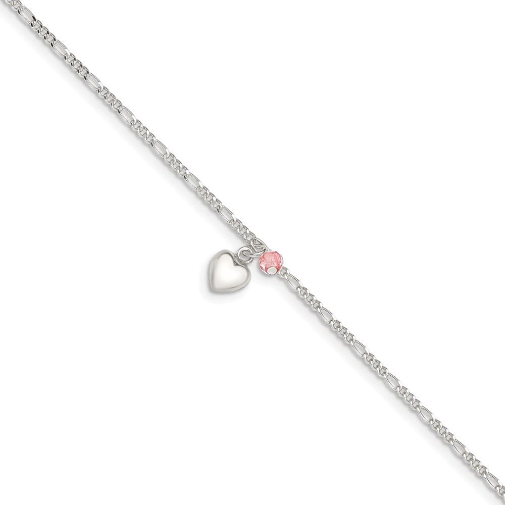 Sterling Silver Cherry Quartz Dangling Hearts on Figaro 9 Inch Anklet — .925 sterling silver, 9 inches long, 2 mm wide, spring ring clasp, 2.15 g