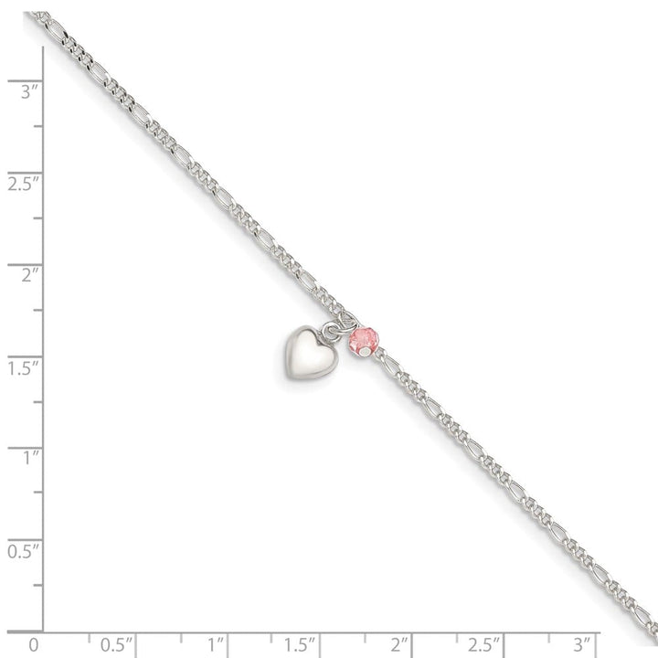 Sterling Silver Cherry Quartz Dangling Hearts on Figaro 9 Inch Anklet