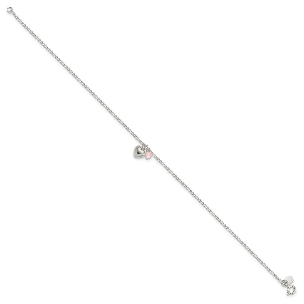 Sterling Silver Cherry Quartz Dangling Hearts on Figaro 9 Inch Anklet