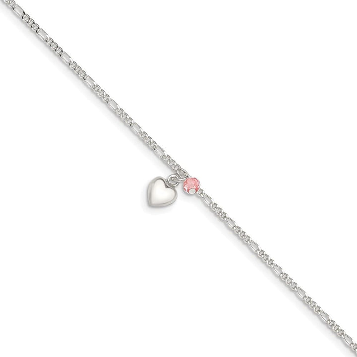 Sterling Silver Cherry Quartz Dangling Hearts on Figaro Link 2 Anklet — .925 sterling silver, 10 inches long, 2 mm wide, spring ring clasp, 2.39 g
