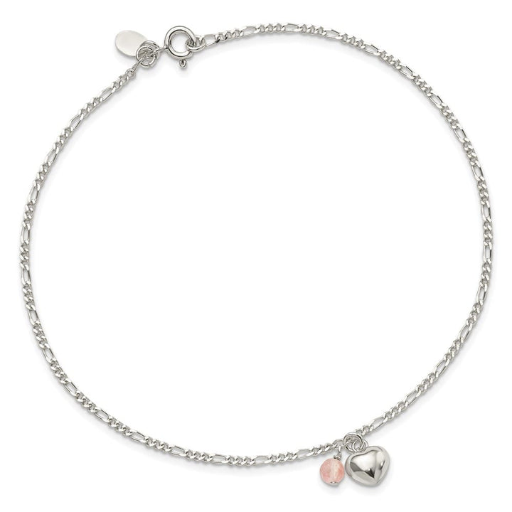 Sterling Silver Cherry Quartz Dangling Hearts on Figaro Link 2 Anklet