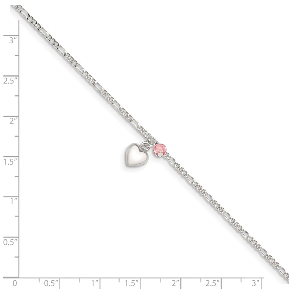Sterling Silver Cherry Quartz Dangling Hearts on Figaro Link 2 Anklet